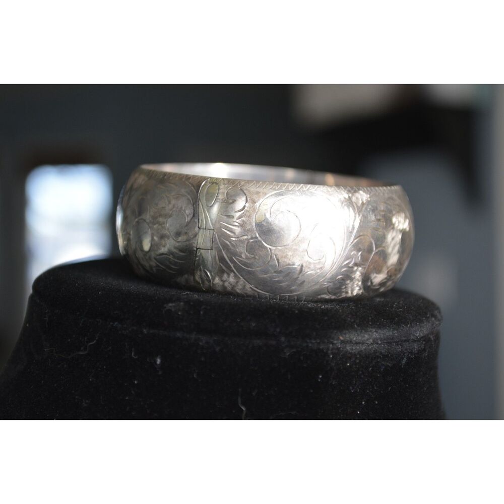 engraved sterling wide domed hinged bangle